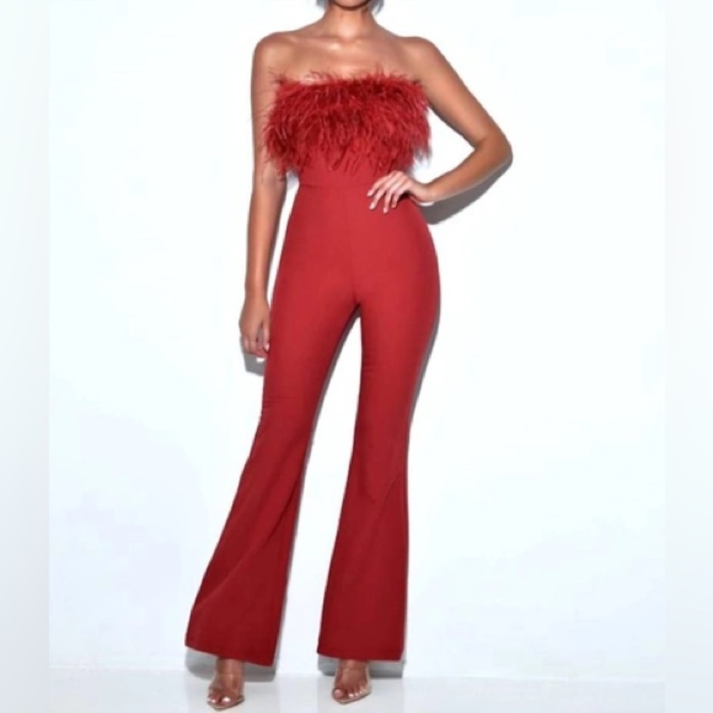 Miss Circle Burgundy Feather Jumpsuit NWT SIZE M
